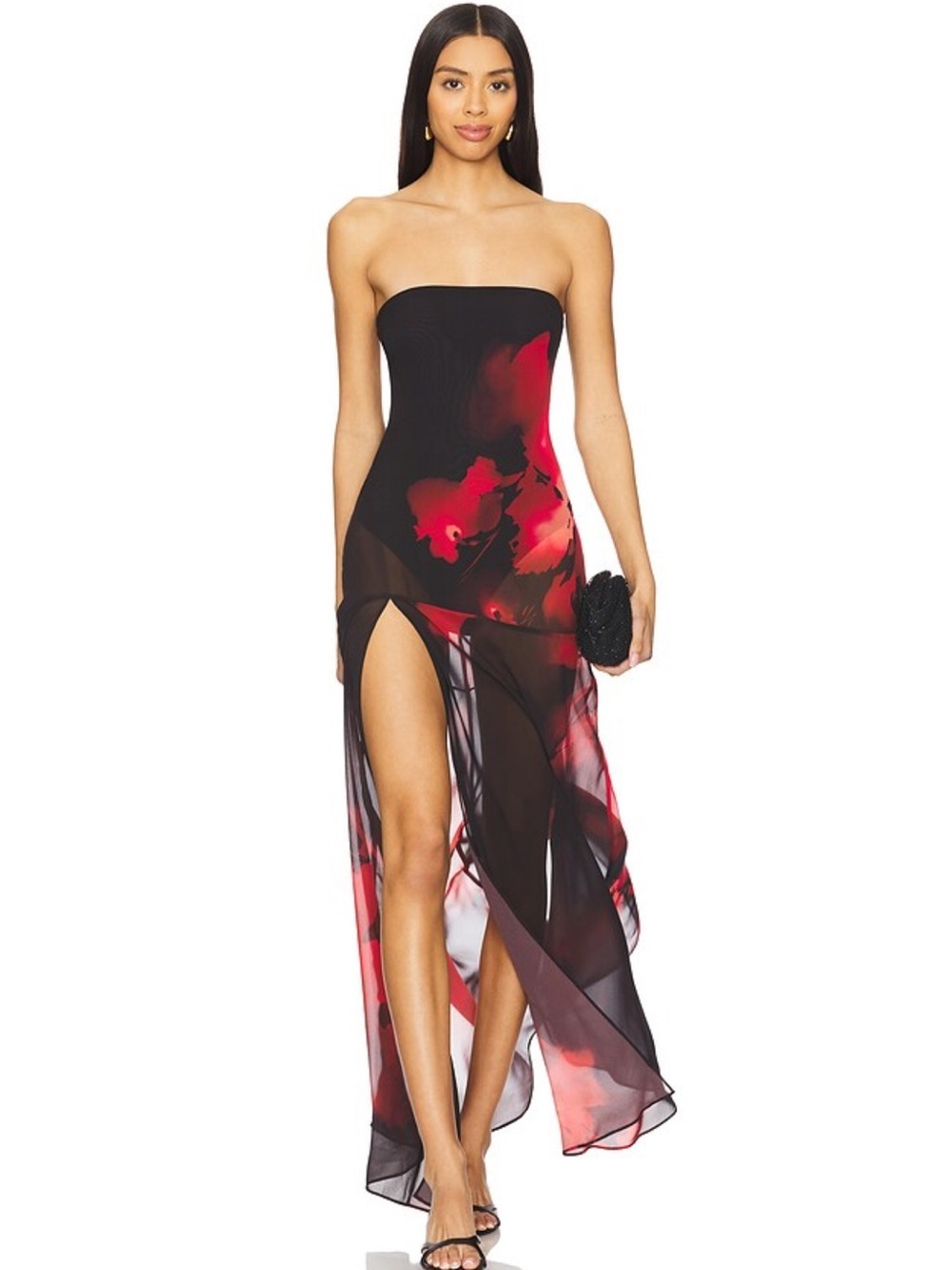NBD Adeliza Maxi Dress Dyed Foliage Floral Strapless Black Red chiffon Revolve S